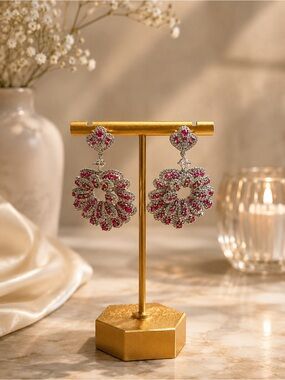 Elegant Pink cz Floral Drop Earrings - 18k over copper with 925 posts